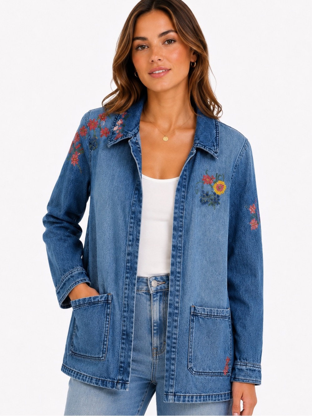 authentic ONLY brand denim shirt-jacket featuring decorative floral embroidery